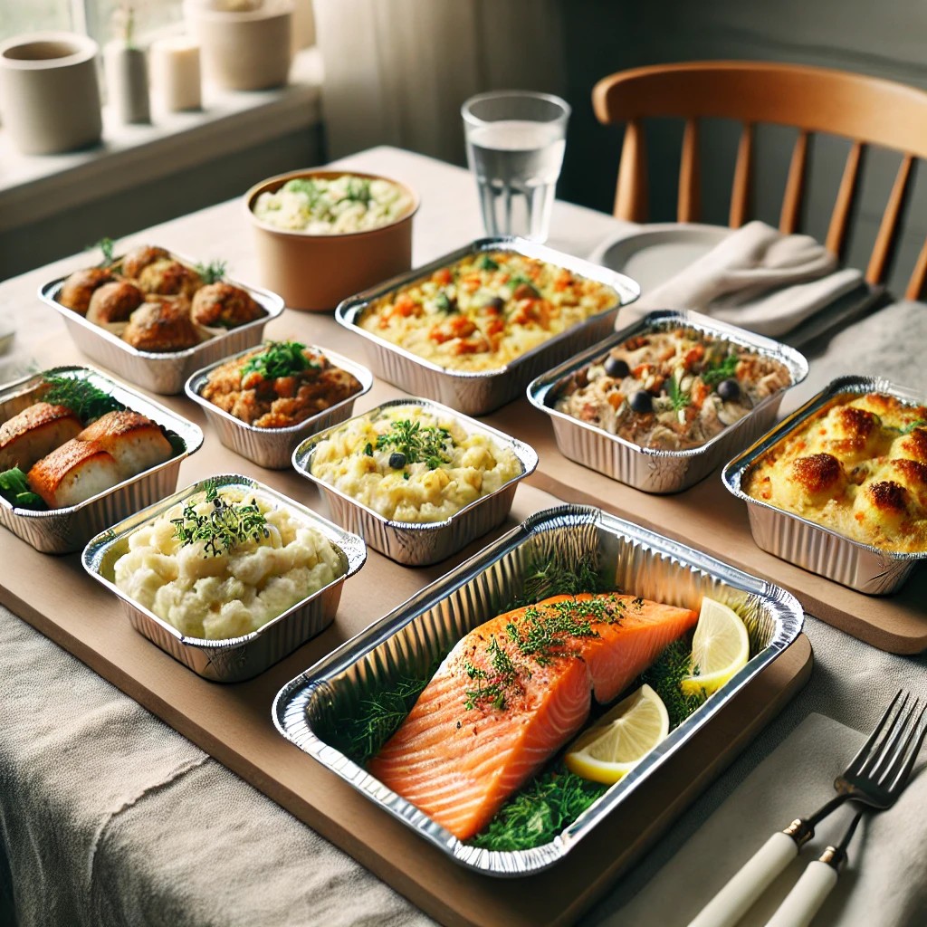 Eine Speiseeinrichtung im nordischen Stil mit Aluminiumfolienbeh&auml;ltern, die mit traditionellen norwegischen Gerichten gef&uuml;llt sind. Die Beh&auml;lter enthalten lebendige Lebensmittel wie Grillgut