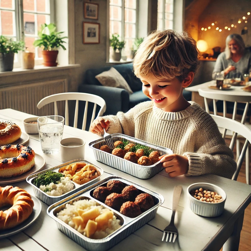Traditionelles d&auml;nisches Essen, serviert in einem Aluminiumfolienbeh&auml;lter