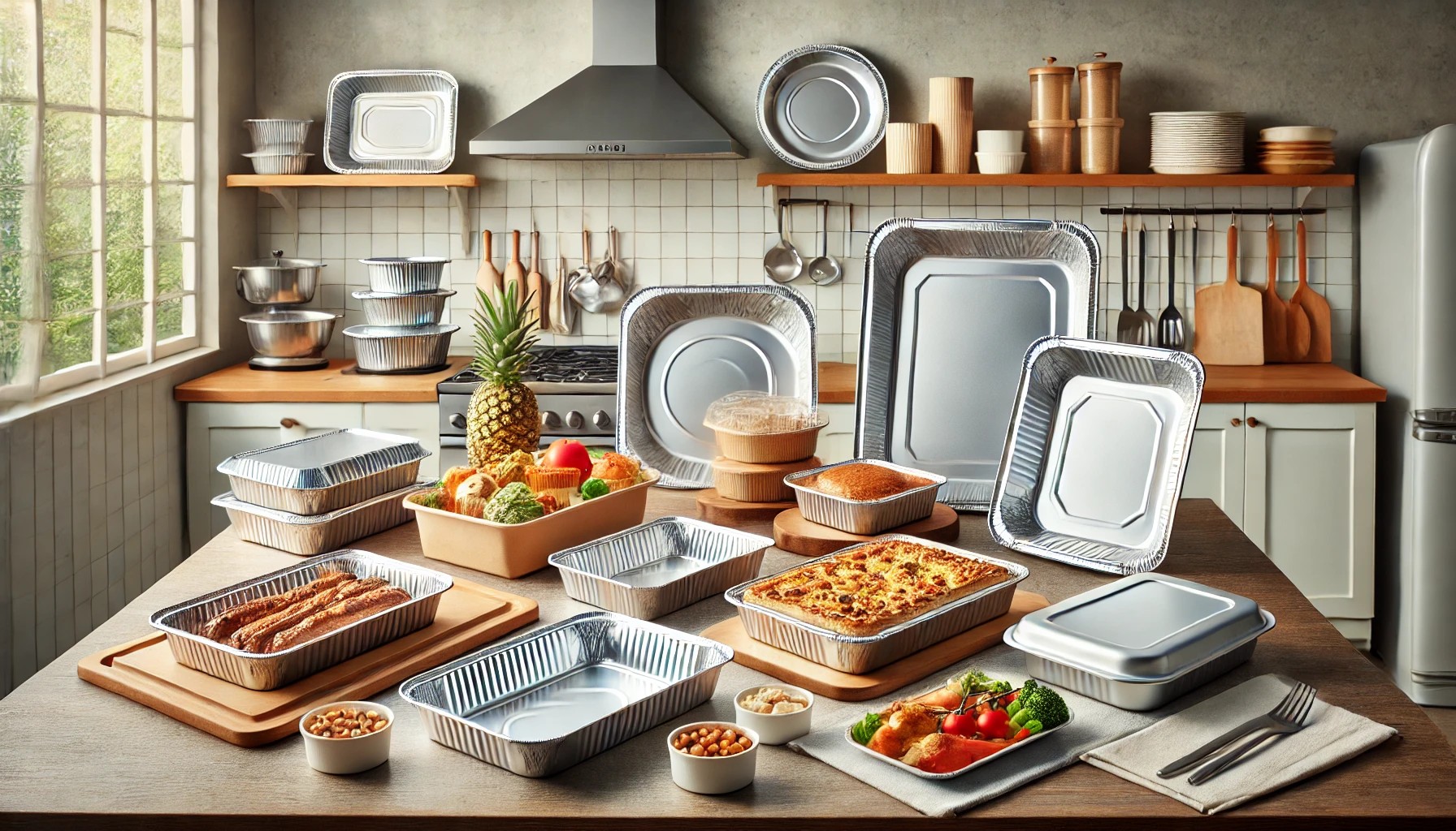 Eine Sammlung verschiedener Geschirrartikel aus Aluminiumfolie, die auf einem sauberen Tisch ausgestellt sind